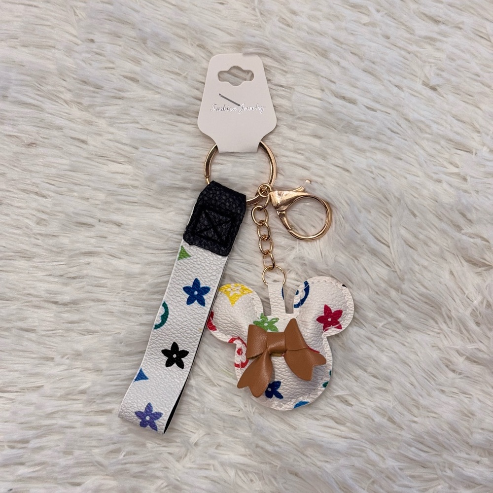 Fashion designer Multicolor Mouse Keychain Wristlet with Brown Bow